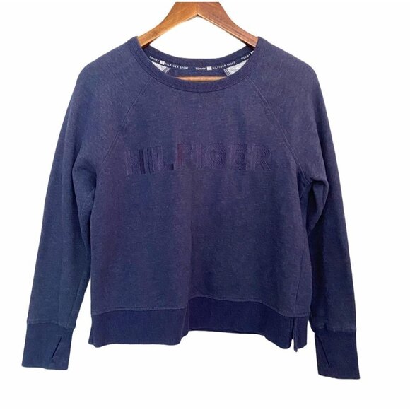 Tommy Hilfiger Womens Y2K Blue Embroidered Spellout Streetwear Sweatshirt Medium - Picture 1 of 5